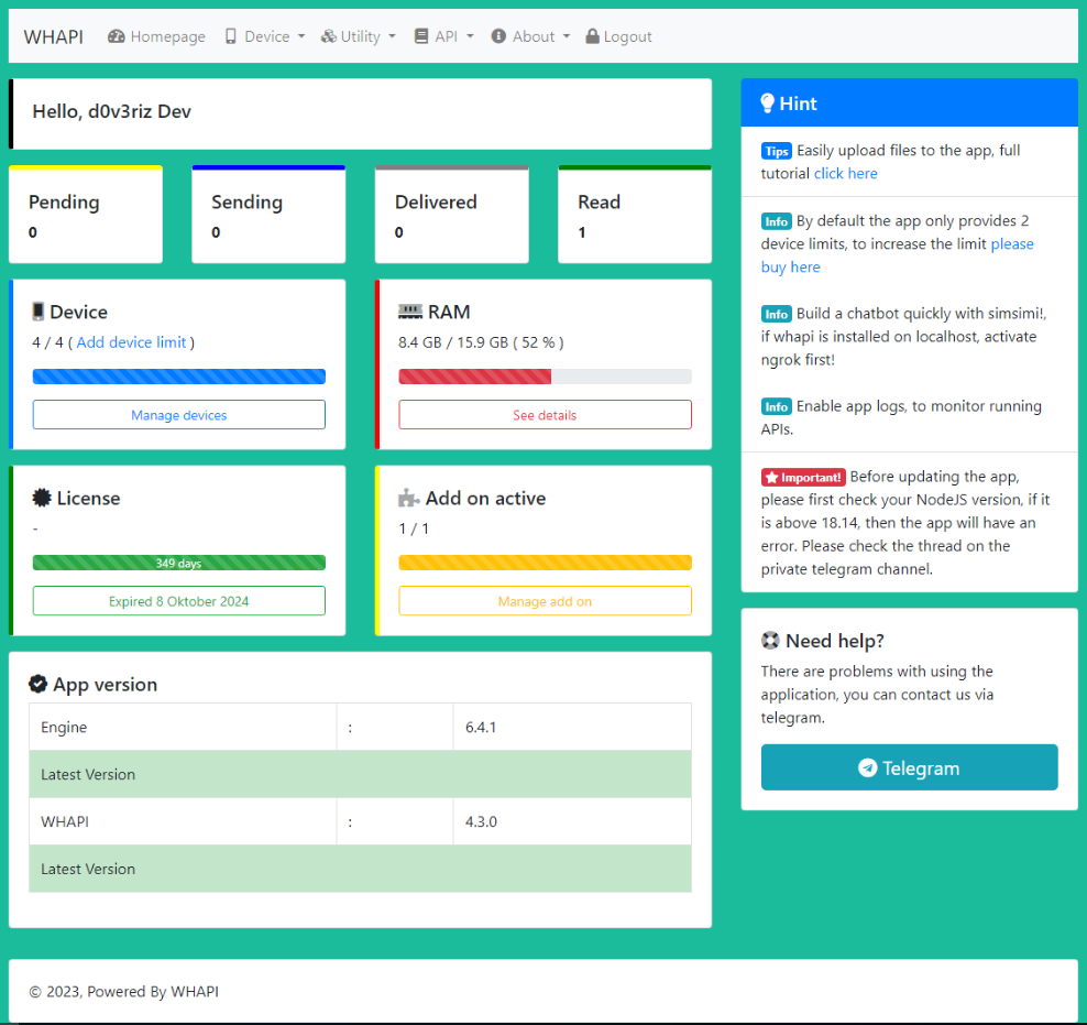 Dashboard aplikasi WHAPI